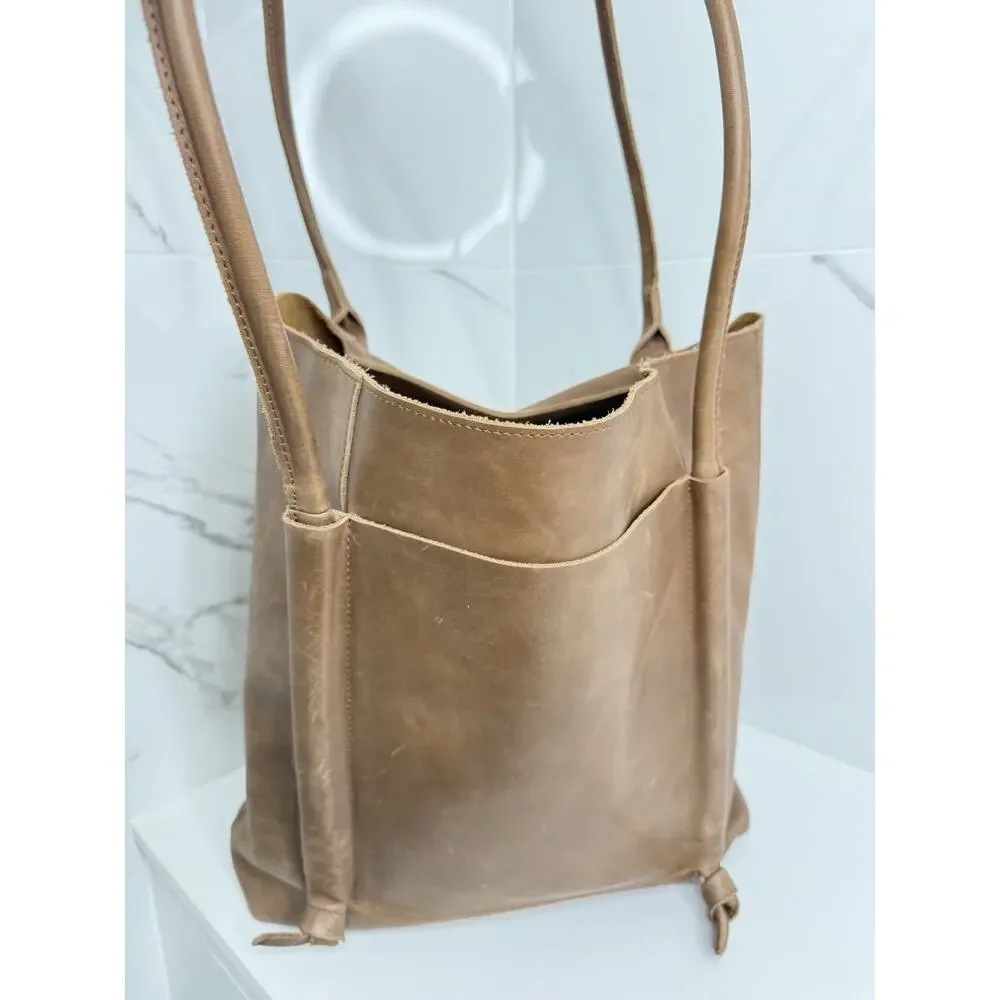 ABLE Lomi Leather Tote Beige 100% Leather Handbag Knotted Straps Ethically Made
